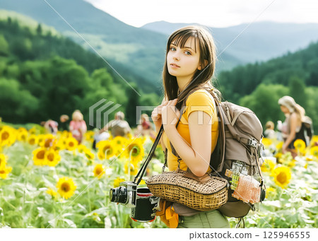 Image of a woman with a sunflower field in the background 125946555