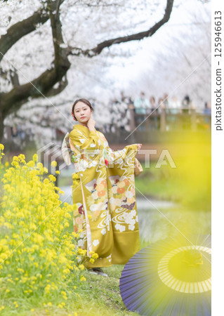 身著和服的成年女性在川越新河岸邊賞櫻 身著和服的成年女性在川越新河岸邊賞櫻 125946613