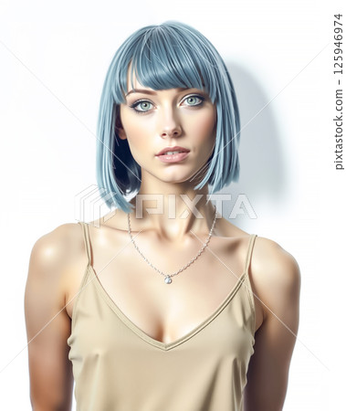 身穿吊帶背心、頭髮呈現淺藍色的年輕女子 身穿吊帶背心、頭髮呈現淺藍色的年輕女子 125946974