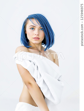 Young woman with blue hair wearing a bath towel 125946975