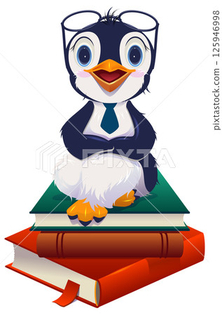 Teacher bird penguin professor in glasses sit on stack book 125946998