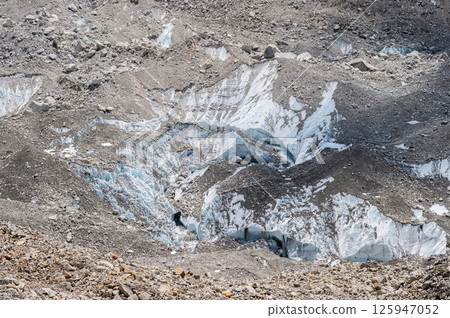 View of Khumbu glacier nearly Everest base camp covered by moraine rocks. 125947052