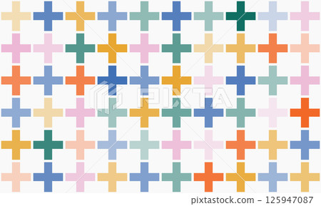 Fun abstract background with colorful cross shapes, geometric figures. Multi colored festive backdrop. Pop art style textures. Vector design layout for banners presentations, flyers, posters Fun abstract background with colorful cross shapes, geometric figures. Multi colored festive backdrop. Pop art style textures. Vector design layout for banners presentations, flyers, posters 125947087