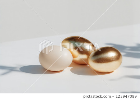 Golden and white Easter eggs on flat white surface. Minimal interior in light colors on background 125947089