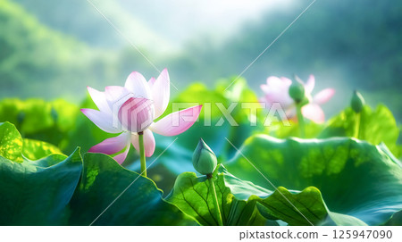 Pink lotus flower in blooming at sunset. Close up floral background, soft blurred greenery backdrop 125947090