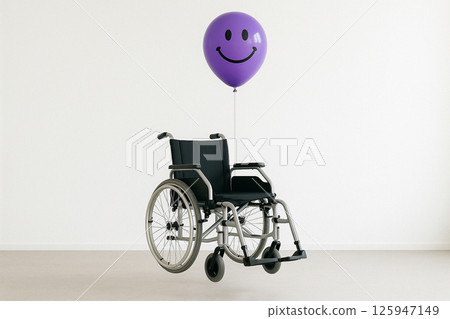 Wheelchair floating with purple smile balloons Wheelchair floating with purple smile balloons 125947149