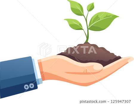 Artistic depiction of a human hand holding earth and a fresh plant, ideal for topics on sustainability, environment, and nurturing. Artistic depiction of a human hand holding earth and a fresh plant, ideal for topics on sustainability, environment, and nurturing. 125947307