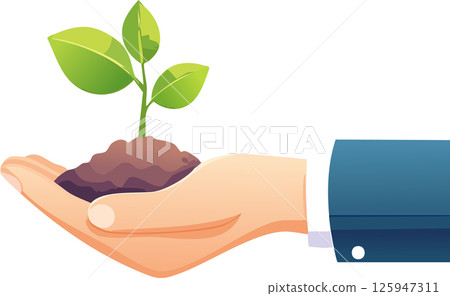 Gentle human hand cupping soil and a small sprouting plant, symbolizing hope, renewal, and environmental care. 125947311