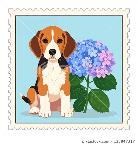 繡球花和小獵犬郵票插圖1/傳單和海報材料 125947317