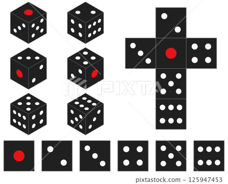 Black dice development diagram, 6 possible outcomes and 3D illustration set Black dice development diagram, 6 possible outcomes and 3D illustration set 125947453