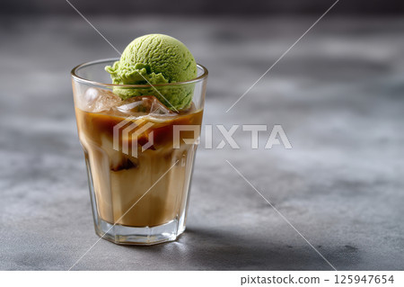Glass of iced coffee topped with scoop of green tea ice cream sits on textured gray surface, creating refreshing and vibrant contrast 125947654