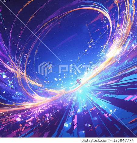 A tiny figure floating in a trail of light and a fantastic space A tiny figure floating in a trail of light and a fantastic space 125947774