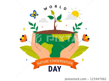 World Nature Conservation Day Vector Illustration featuring a World Map, Tree, and Eco Friendly Ecology and Environmental Preservation in a Background 125947982