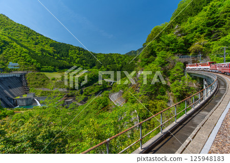 The only Abt-style train in Japan that runs slowly through the valley Igawa Line Breathtaking view from the train window 125948183