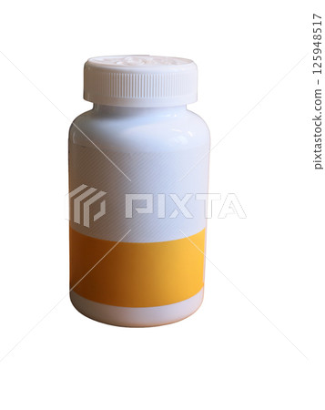 A White and Yellow Pill Bottle specifically designed for various Health Products and supplements A White and Yellow Pill Bottle specifically designed for various Health Products and supplements 125948517