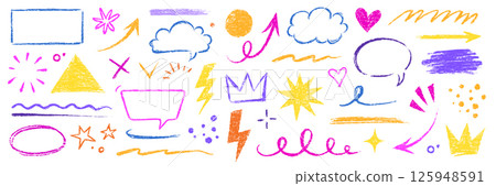 Kid color pencil hand drawn line element set. Chalk pencil hand drawn doodle sketch texture color kid crayon arrow, heart, cloud shape set. Texture chalk, crayon pencil style. Vector 125948591