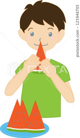 Illustration of a boy eating watermelon Illustration of a boy eating watermelon 125948705