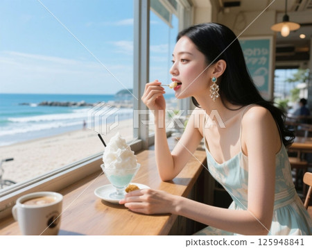 來自世界各地的美女介紹美食、絕美風景和時尚的系列：七里美濱海灘和刨冰 125948841
