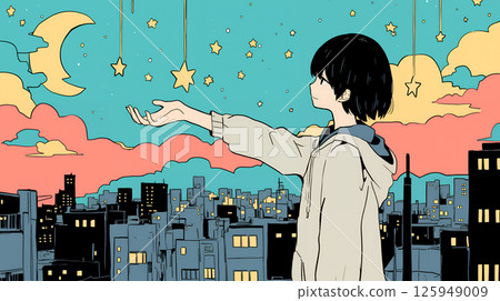 girl looking up at the night sky 125949009