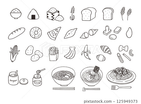 Hand-drawn illustration set of foods high in carbohydrates and sugar (monochrome) Hand-drawn illustration set of foods high in carbohydrates and sugar (monochrome) 125949373