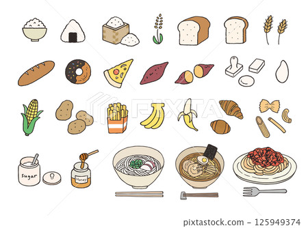 手繪插圖集富含碳水化合物和糖的食物（彩色） 125949374