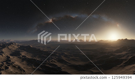 Vast, desolate alien landscape, rocky planet surface 125949394