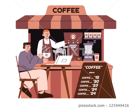 Cafe stall man barista serving coffee to customer working on laptop while standing with background of espresso machine and chalkboard menu 125949416