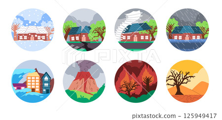 Icon set collection of natural disaster illustration from wind storm wildfire drought flood volcano eruption landslide 125949417