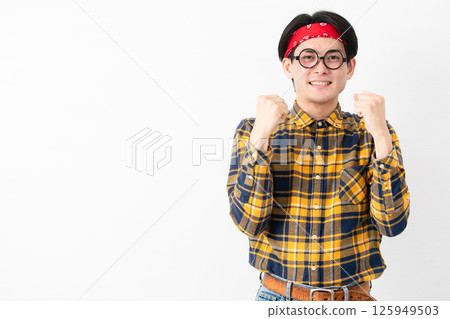 Young man wearing checked clothes 125949503