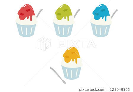 Four illustrations of shaved ice with red, green, blue, and yellow syrup 125949565