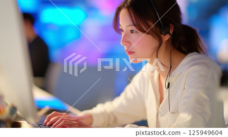 一位女士在辦公室看著電視會議監視器 125949604
