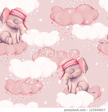 Adorable Elephants on Pink Clouds Pattern 125949857