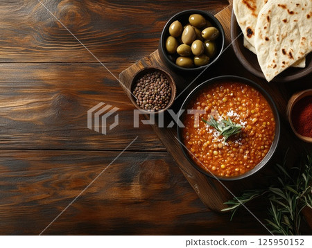 Rustic dining scene with lentil soup and pita bread on wooden table 125950152