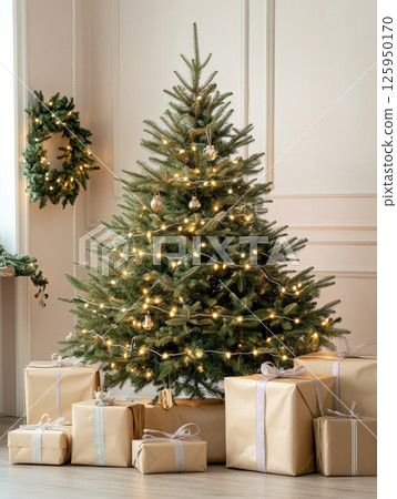 Minimalistic christmas tree silhouette and decorated evergreen with festive lights and wrapped gifts Minimalistic christmas tree silhouette and decorated evergreen with festive lights and wrapped gifts 125950170