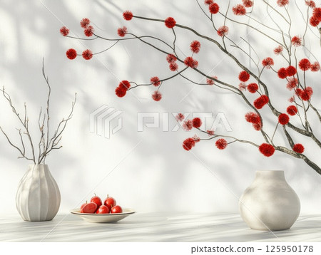 Minimalist new year design with red and gold accents on white background for festive decor 125950178