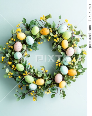 Easter wreath with green leaves and colorful eggs. Perfect for spring decor and post card. Easter wreath with green leaves and colorful eggs. Perfect for spring decor and post card. 125950203