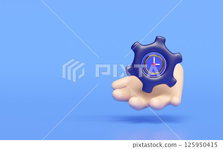 3d cartoon hand with clock in gear icon isolated on blue background. minimalism, time management, productivity concept, 3d illustration render 125950415