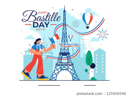 Happy Bastille Day Vector Illustration on July 14, featuring the French Flag, Ribbon, and Eiffel Tower in a National Holiday Flat Background 125950540
