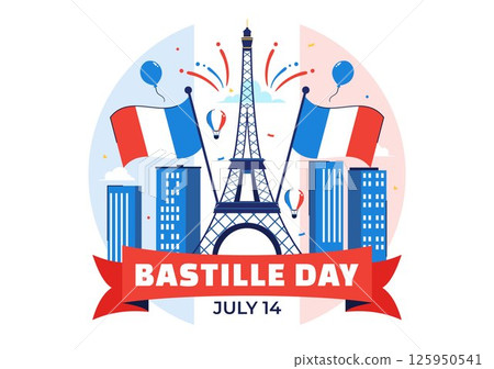 Happy Bastille Day Vector Illustration on July 14, featuring the French Flag, Ribbon, and Eiffel Tower in a National Holiday Flat Background 125950541