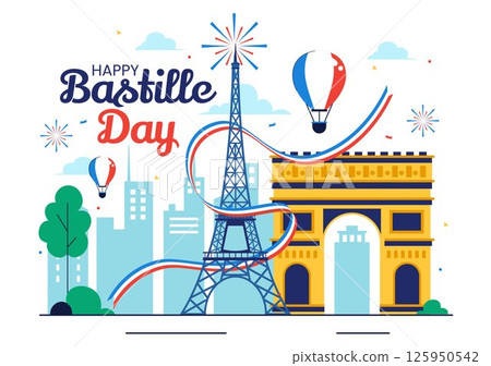 Happy Bastille Day Vector Illustration on July 14, featuring the French Flag, Ribbon, and Eiffel Tower in a National Holiday Flat Background Happy Bastille Day Vector Illustration on July 14, featuring the French Flag, Ribbon, and Eiffel Tower in a National Holiday Flat Background 125950542