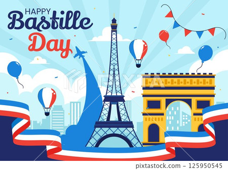 Happy Bastille Day Vector Illustration on July 14, featuring the French Flag, Ribbon, and Eiffel Tower in a National Holiday Flat Background Happy Bastille Day Vector Illustration on July 14, featuring the French Flag, Ribbon, and Eiffel Tower in a National Holiday Flat Background 125950545