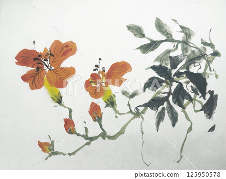 Chinese ink brushstroke style painting of orange Bignonia flowers 125950578