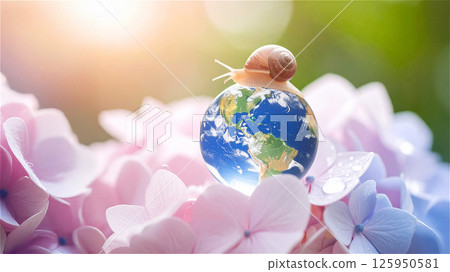 Beautiful water droplet globe and snail on a beautiful hydrangea flower 125950581