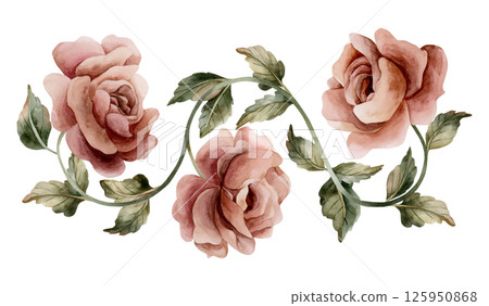 Rose flowers with buds and leaves. Dusty pink garden flower arrangement. Watercolor hand painted floral isolated illustration for wedding design, home textile, porcelain crockery, cards, labels, logos Rose flowers with buds and leaves. Dusty pink garden flower arrangement. Watercolor hand painted floral isolated illustration for wedding design, home textile, porcelain crockery, cards, labels, logos 125950868