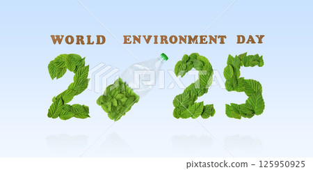 Beat plastic pollution. World Environment day concept. Happy Environment day, 05 June. Green leaves in shape of numbers 2025 and plastic bottle and green leaves on a blue background. Ecology concept. 125950925