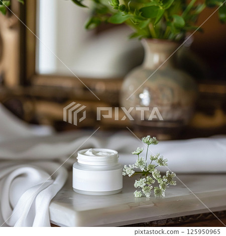 Cosmetic cream in a glass jar. Skin care concept. Background for beauty products 125950965