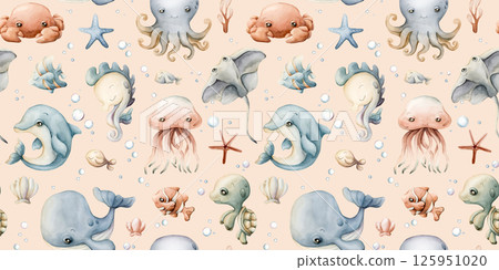 Cute sea animals shells. Adorable underwater world. Watercolor summer seamless pattern on peach pink background for kids baby nursery textile fabric, wrapping paper, ocean design, pastel neutral style Cute sea animals shells. Adorable underwater world. Watercolor summer seamless pattern on peach pink background for kids baby nursery textile fabric, wrapping paper, ocean design, pastel neutral style 125951020