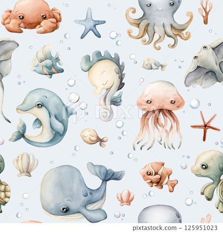 Cute sea animals shells. Adorable underwater world. Watercolor summer seamless pattern on blue background for kids baby nursery textile fabric, wrapping paper, ocean design, pastel neutral style Cute sea animals shells. Adorable underwater world. Watercolor summer seamless pattern on blue background for kids baby nursery textile fabric, wrapping paper, ocean design, pastel neutral style 125951023