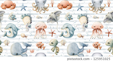 Cute sea animals shells. Adorable ocean underwater world. Watercolor summer seamless pattern on white background with blue stripes for kids baby nursery textile fabric, wrapping paper, pastel neutral Cute sea animals shells. Adorable ocean underwater world. Watercolor summer seamless pattern on white background with blue stripes for kids baby nursery textile fabric, wrapping paper, pastel neutral 125951025