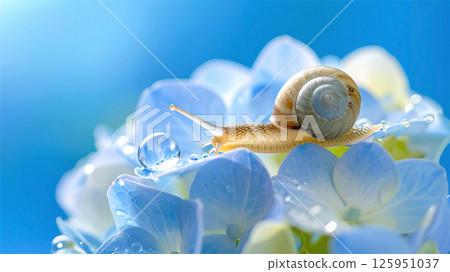 美麗的水滴和美麗的淡藍色繡球花上的蝸牛 125951037
